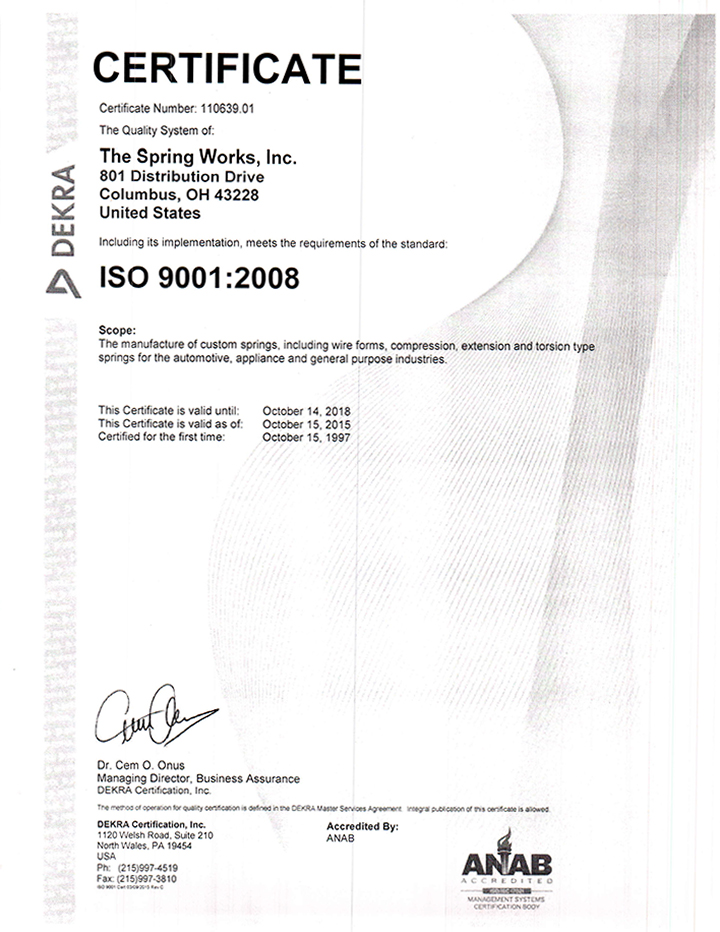 The Spring Works, Inc. ISO-9001:2008 Certification